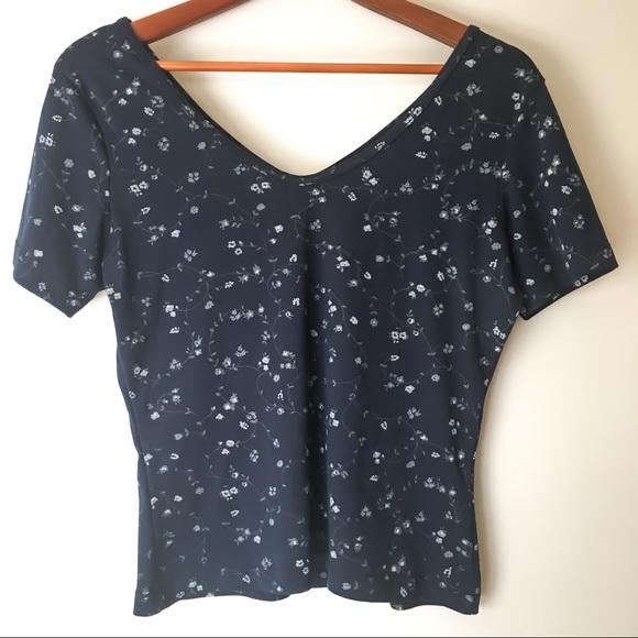 2/$25- Navy Polyester Double V-Neck with Small Flowers - Picture 1 of 4